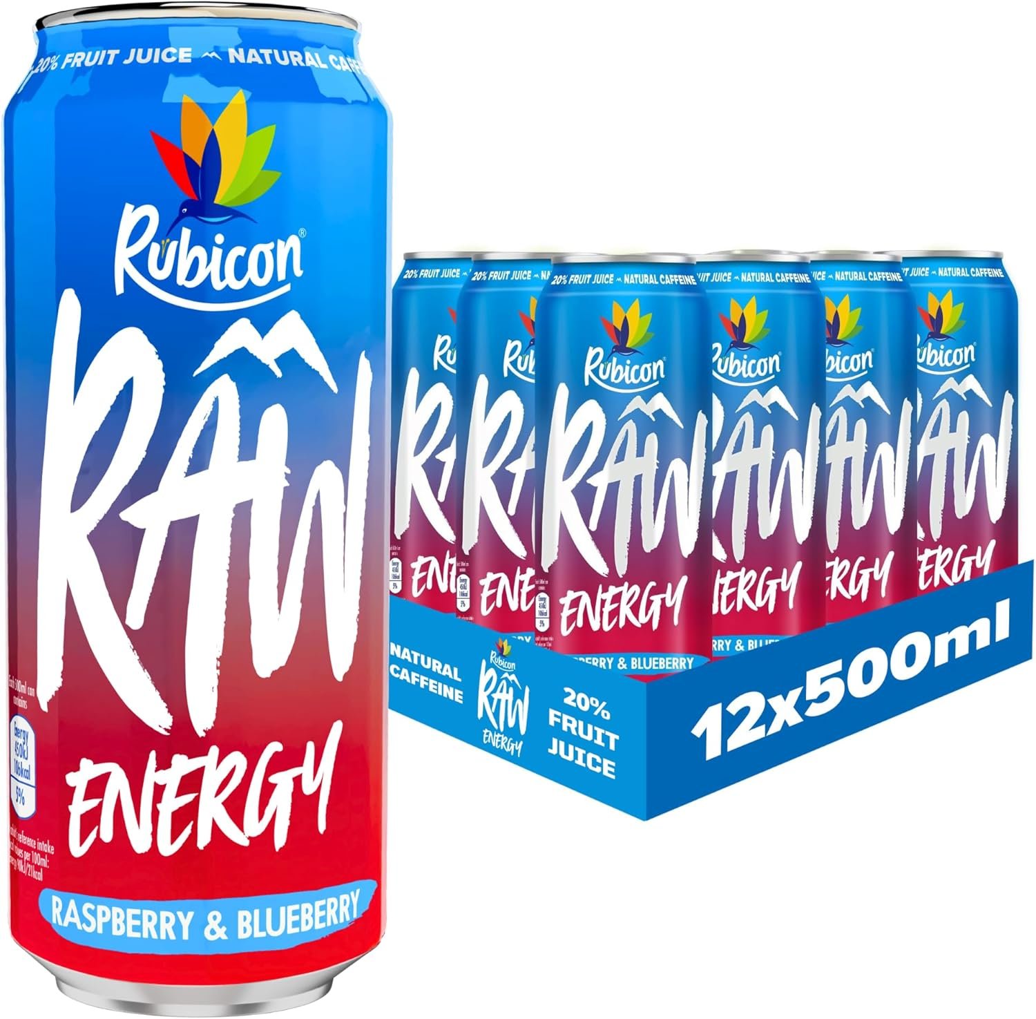 Rubicon RAW 12 Pack Raspberry & Blueberry 500ml Energy Drink,